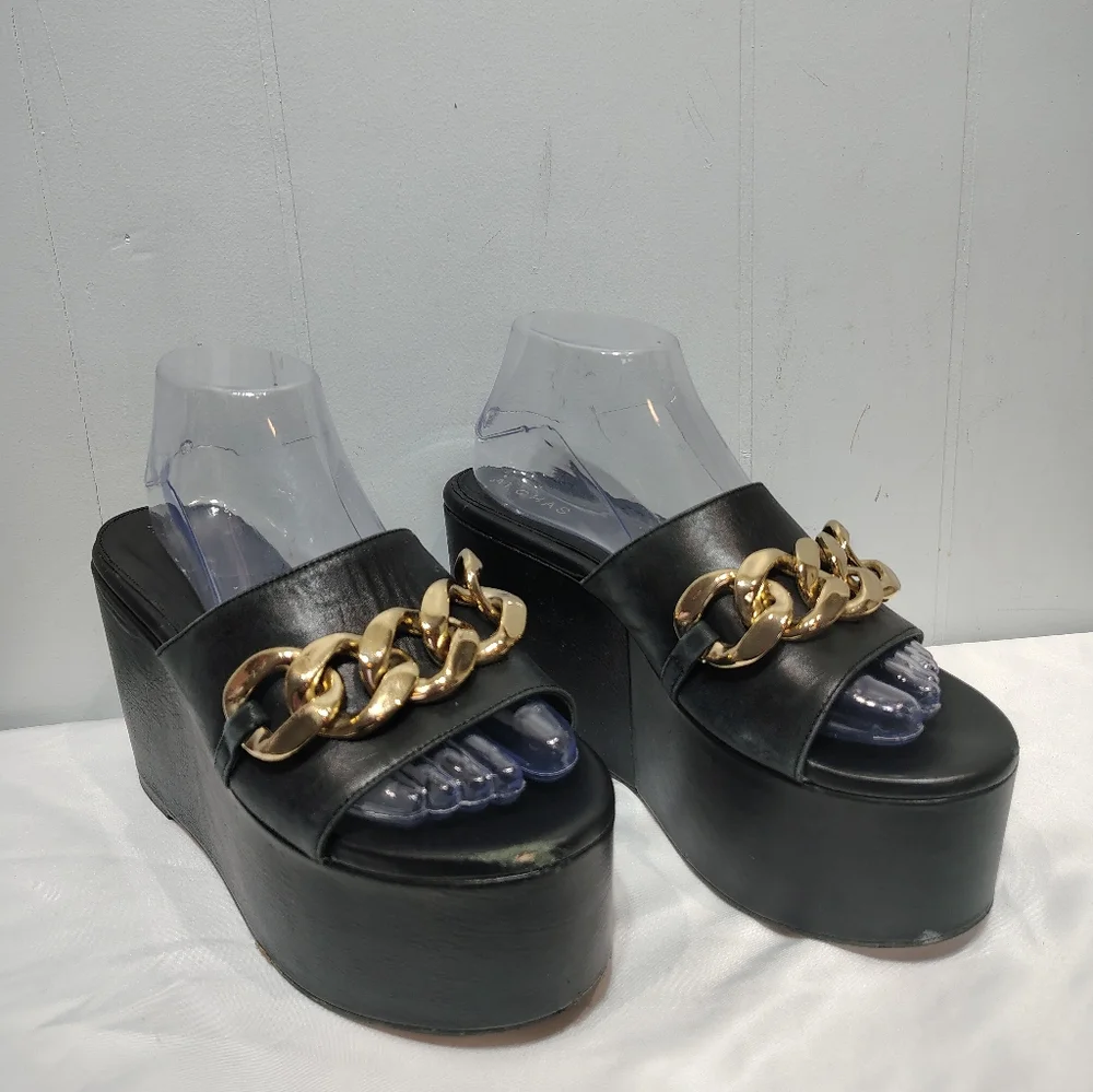 ALOHAS Black Leather Chunk Chain Platform‎ Sandals Wedge Mule Size 8 Revolve